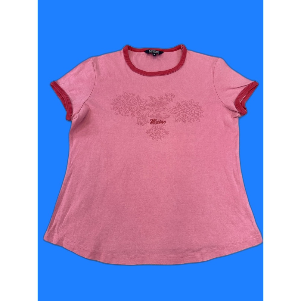 MAINE NEW ENGLAND Floral Graphic Ringer Tee Womens 14 Pink Cotton Blend Short